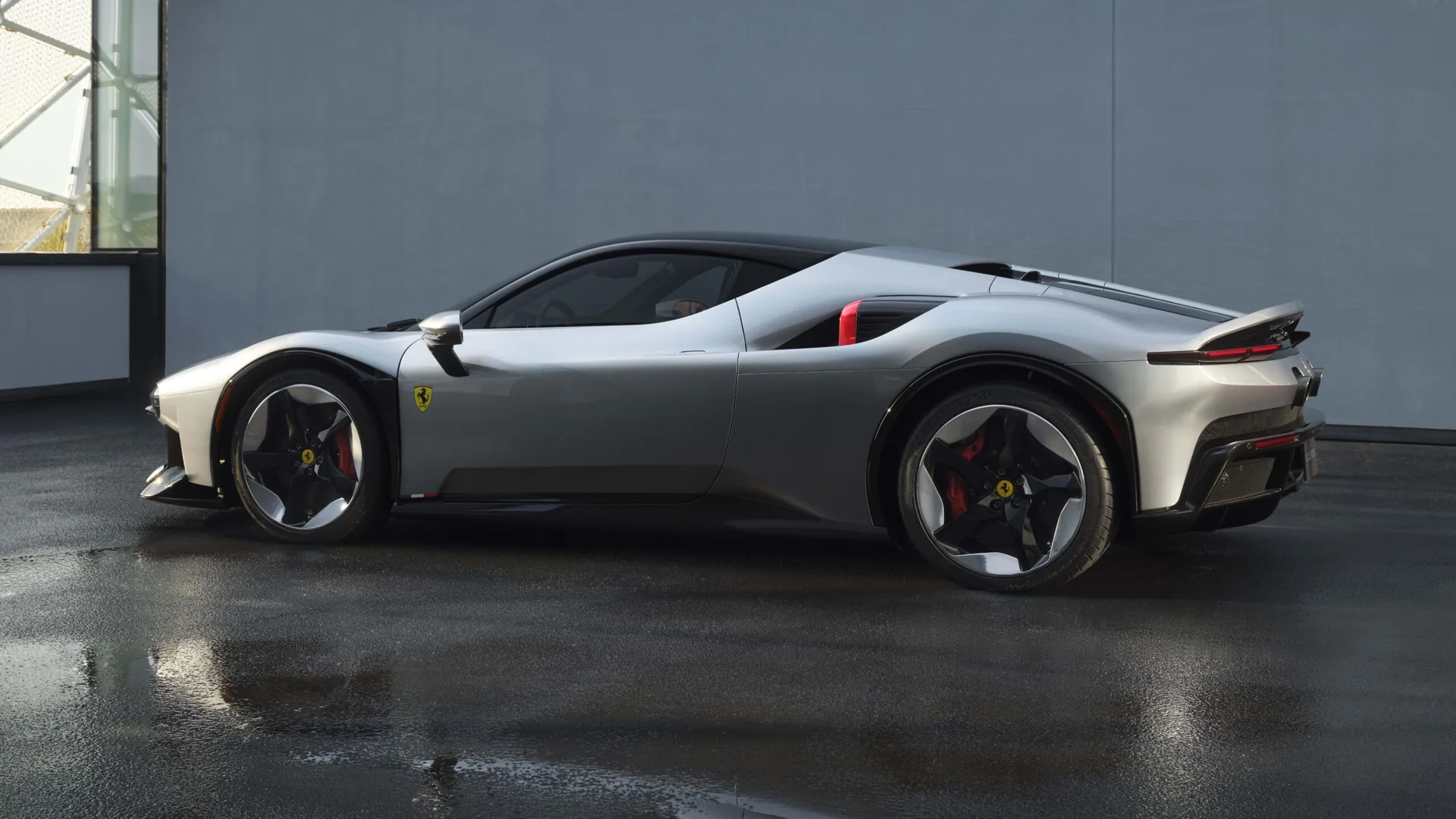 Ferrari CZ26 one-off side profile in Argento Veloce silver with Rosso Lampante intake accents and gloss-black 20-inch wheels