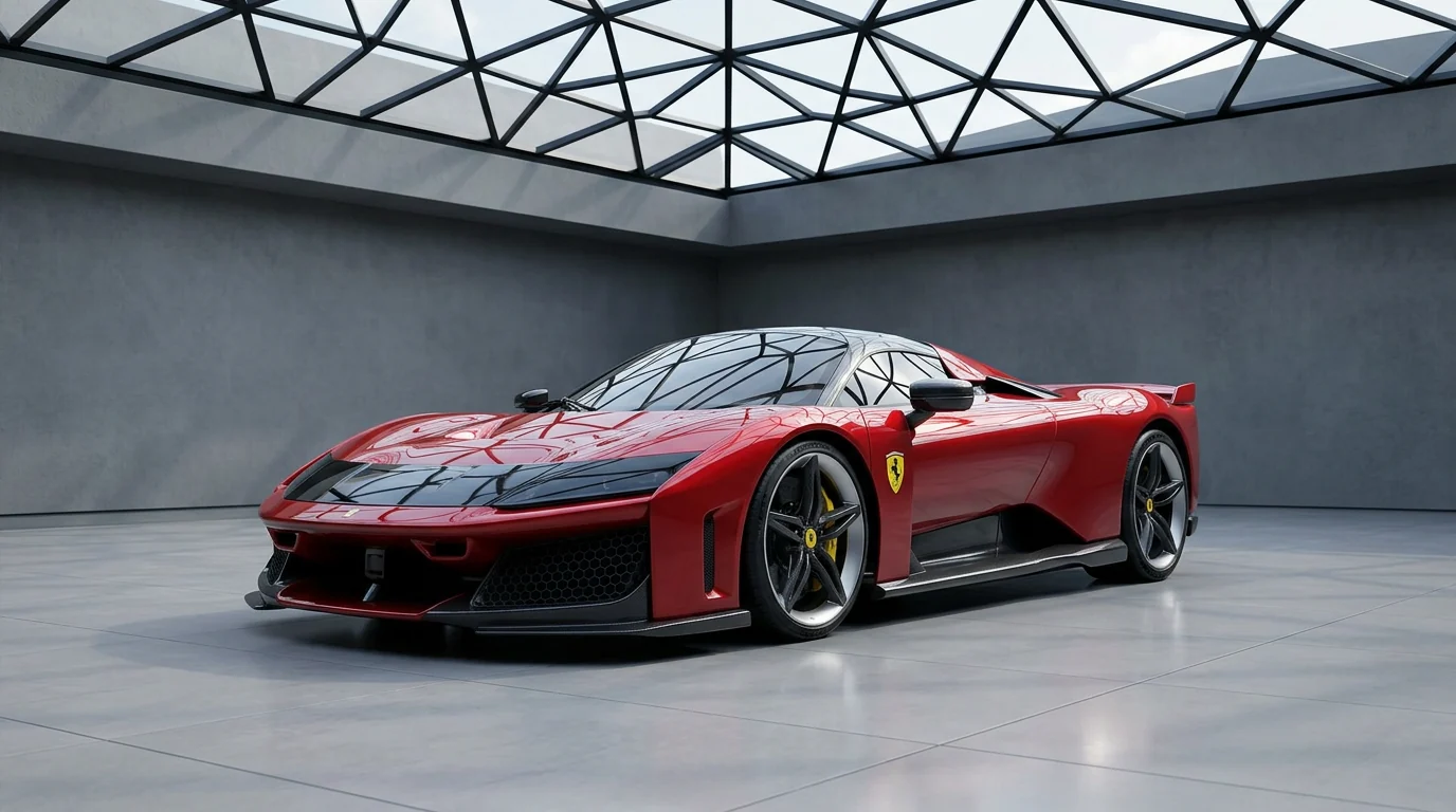 Ferrari F80 Rosso hybrid hypercar, front three-quarter in a concrete atrium with glass roof
