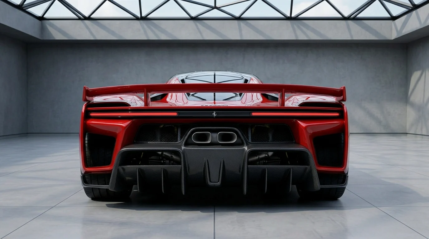 Ferrari F80 Rosso, rear view with active wing, twin exhausts and carbon diffuser