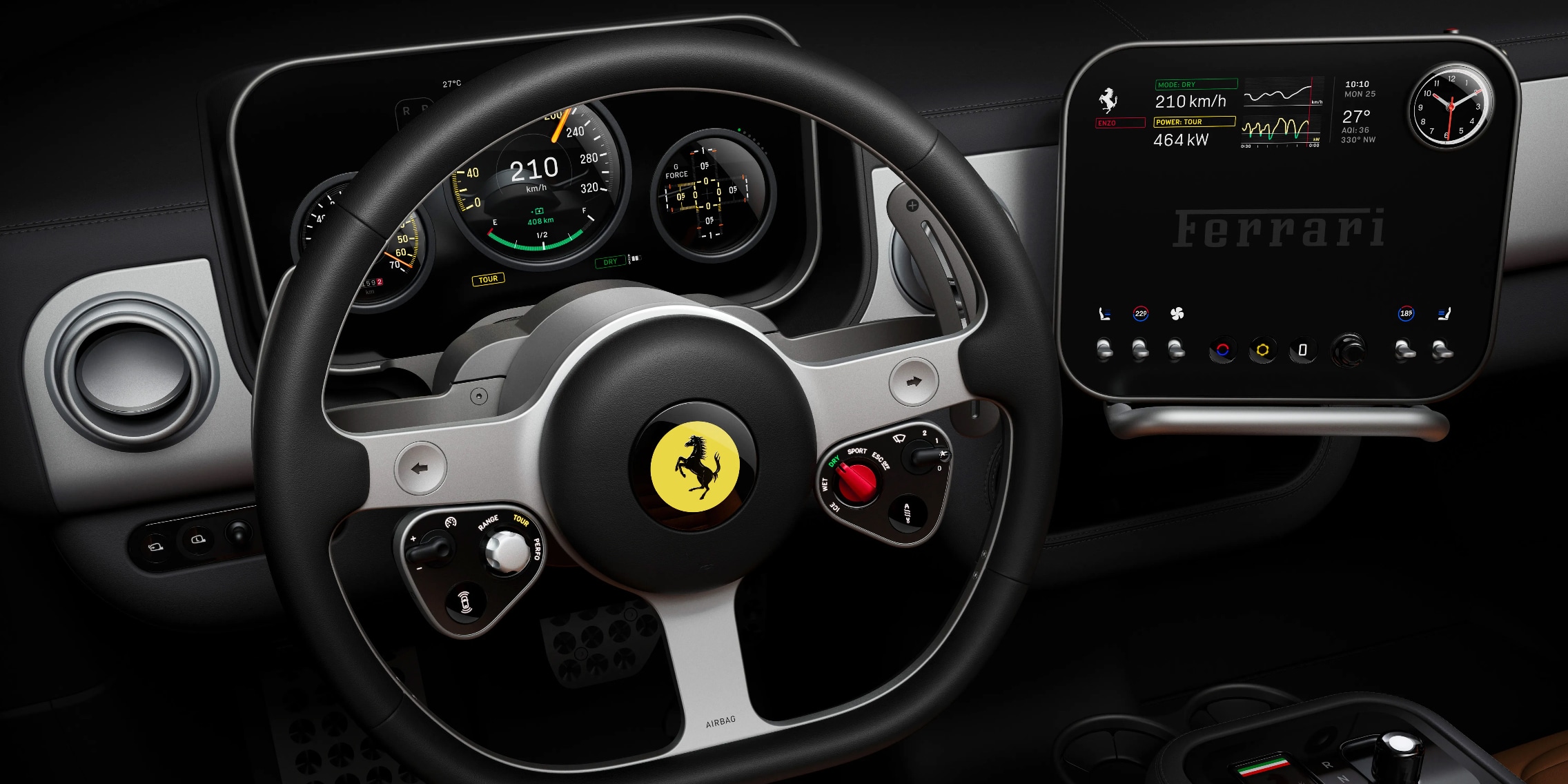 Ferrari Luce full dashboard view — Samsung Dual-OLED instrument cluster with layered physical gauges