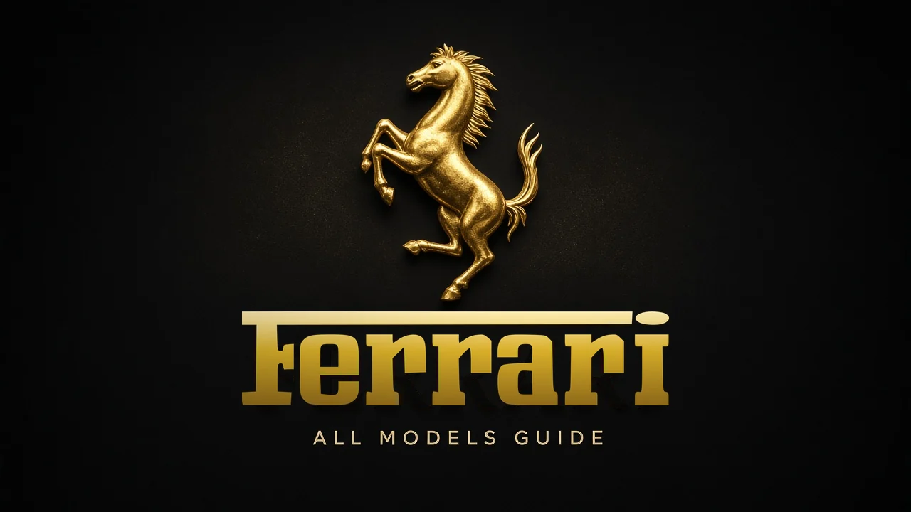 Gold prancing horse and official Ferrari wordmark on black with All Models Guide