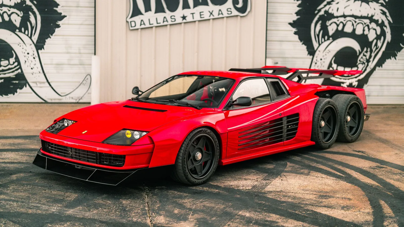 Gas Monkey Ferrari F6 front three-quarter view with F40-inspired fixed headlights, blacked-out chin spoiler and flared arches