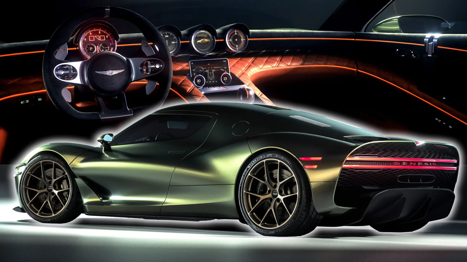 Genesis Magma GT Concept analog instrument cluster and side profile in metallic green