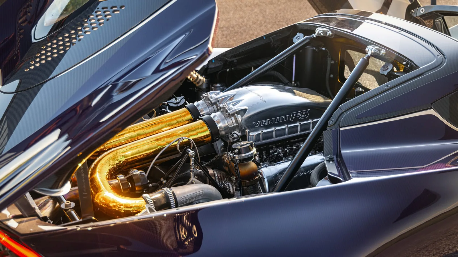 Hennessey Fury V8 in the Venom F5-M — 6.6L twin-turbocharged pushrod V8 producing 2,031 bhp with the Evolution upgrade package