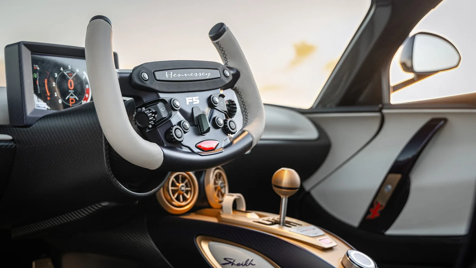 Hennessey Venom F5-M full cockpit — redesigned center console around the new gated manual gearbox mechanism