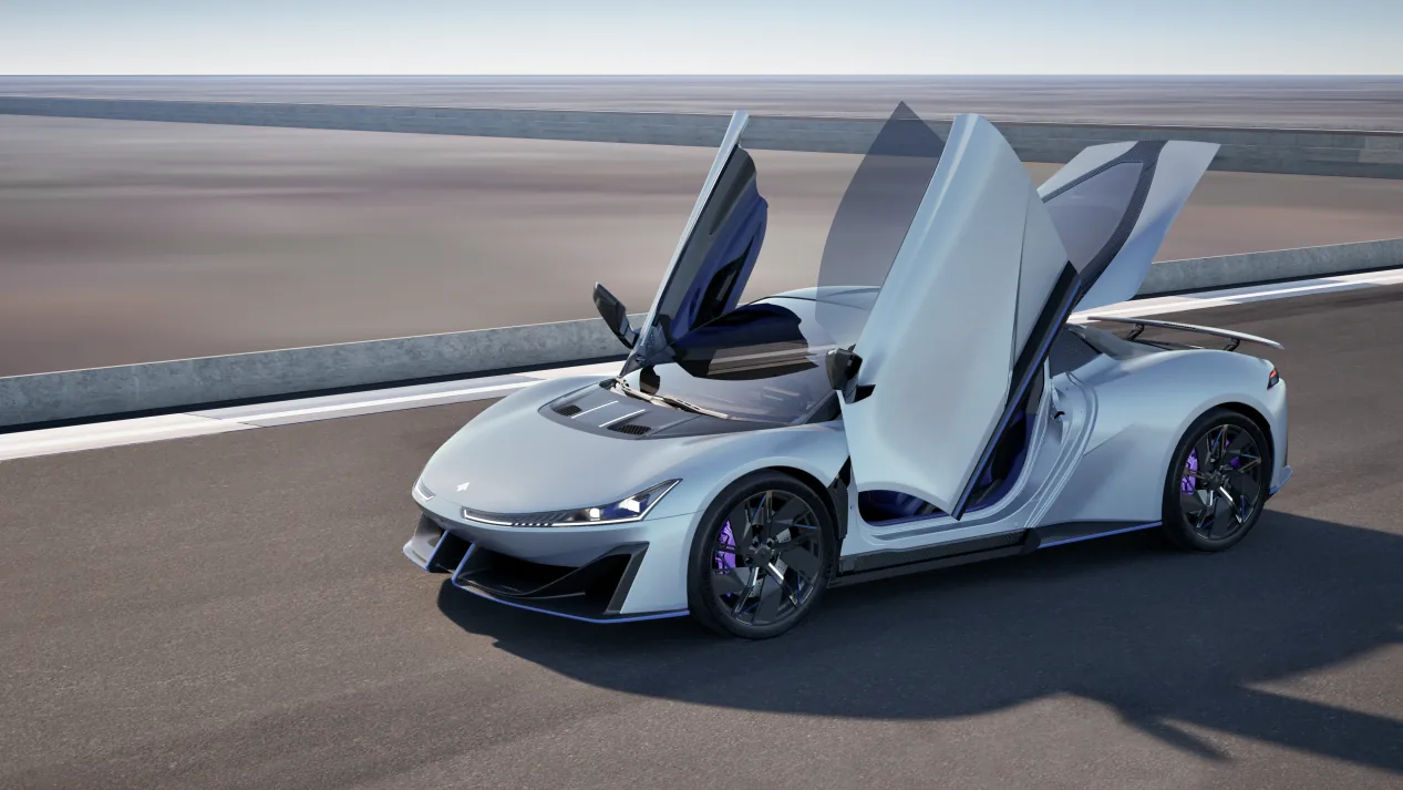 Silver Hyptec SSR front three-quarter view with butterfly doors open and purple brake calipers