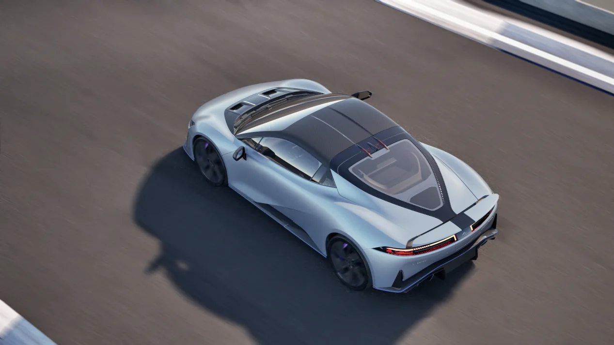 Silver Hyptec SSR from above on a track, showing the carbon roof, rear glass and full-width tail light