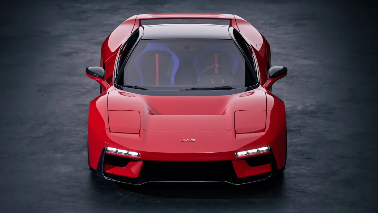 Red JAS Tensei head-on, with closed pop-up headlight covers, JAS badge and slim LED light bars