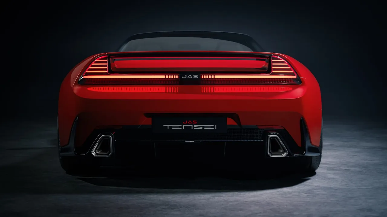 Rear of the red JAS Tensei with full-width LED tail light, integrated wing, Tensei plate and two exhausts