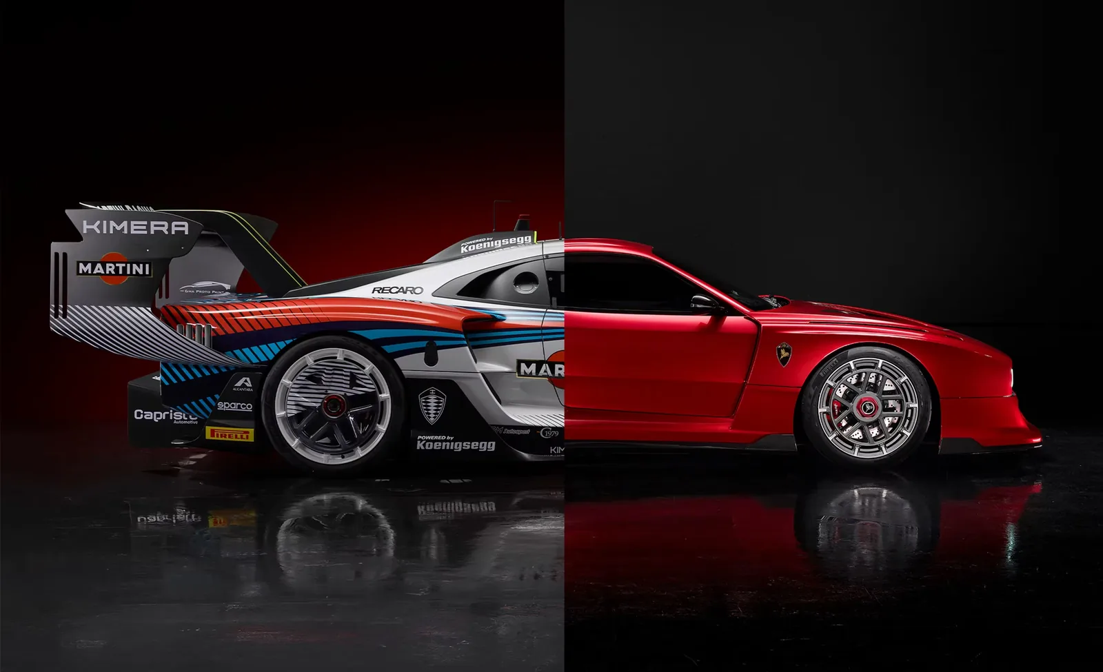 Kimera K-39 Pikes Peak version and red K-39 Stradale side by side, split image