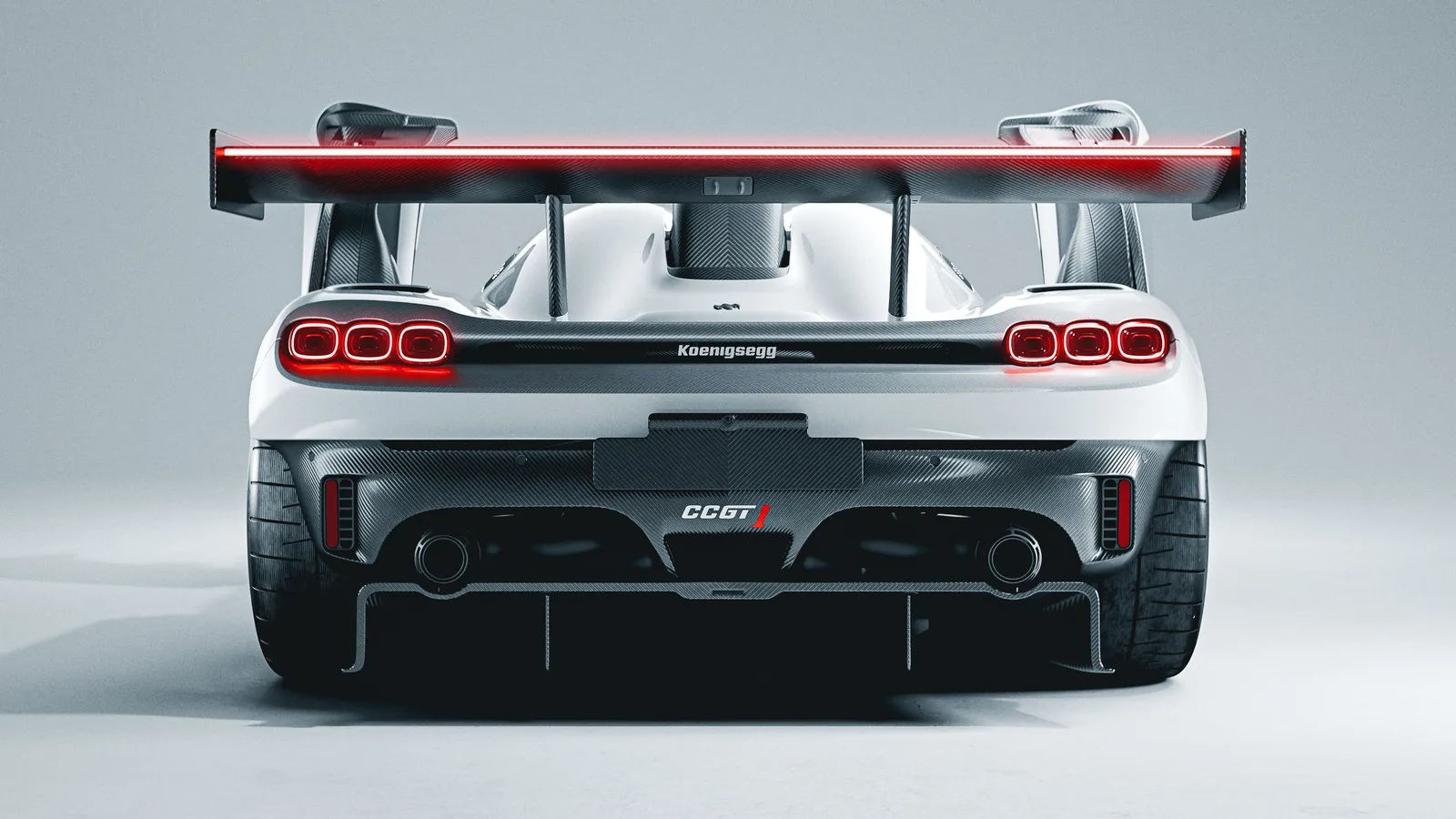 Koenigsegg CCGT1 front three-quarter static reveal shot showing carbon fibre bodywork, roof scoop and low-drag aero
