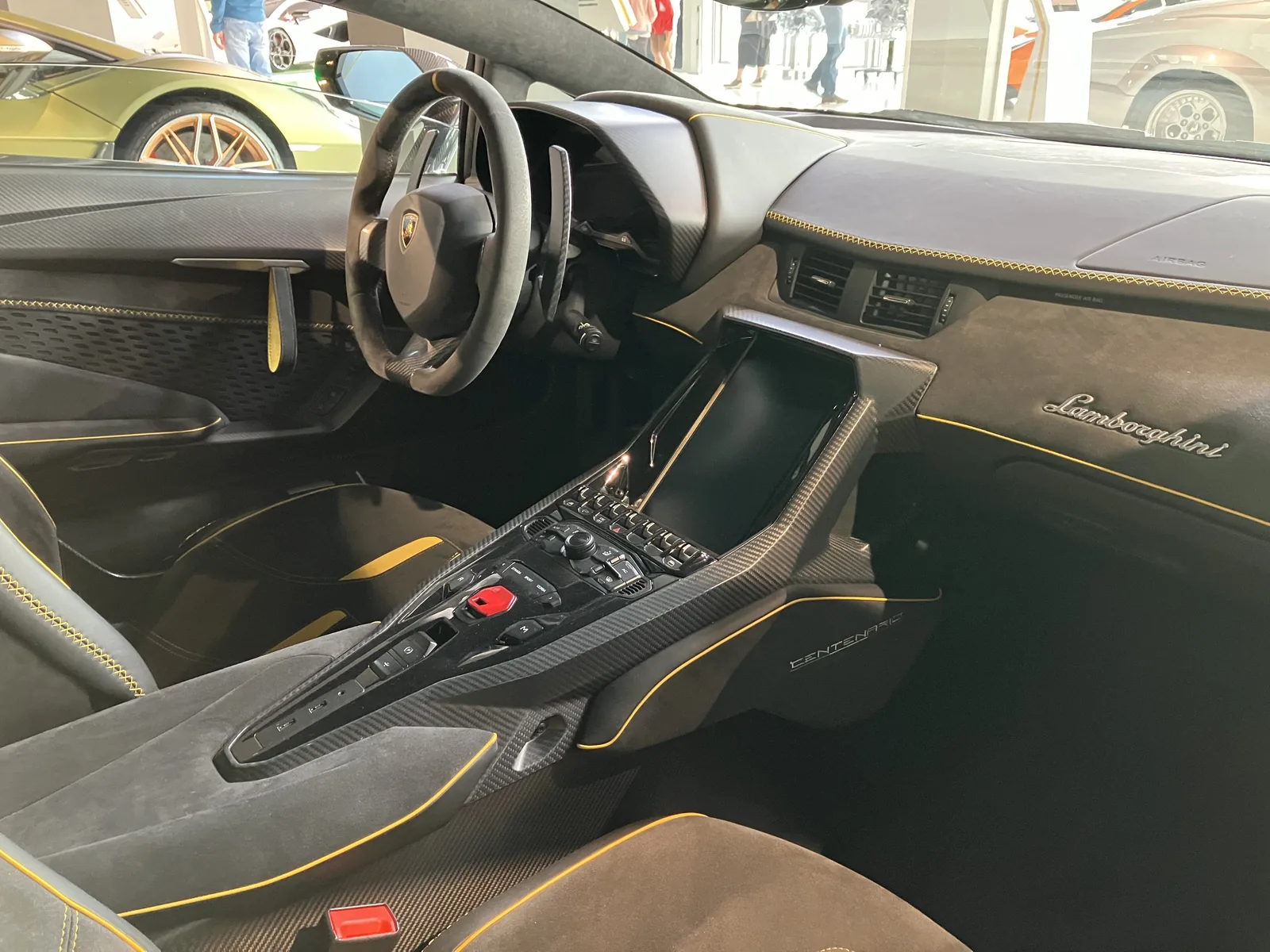 Lamborghini Centenario interior with the 10.1-inch portrait touchscreen, carbon fibre dashboard and Alcantara sport seats