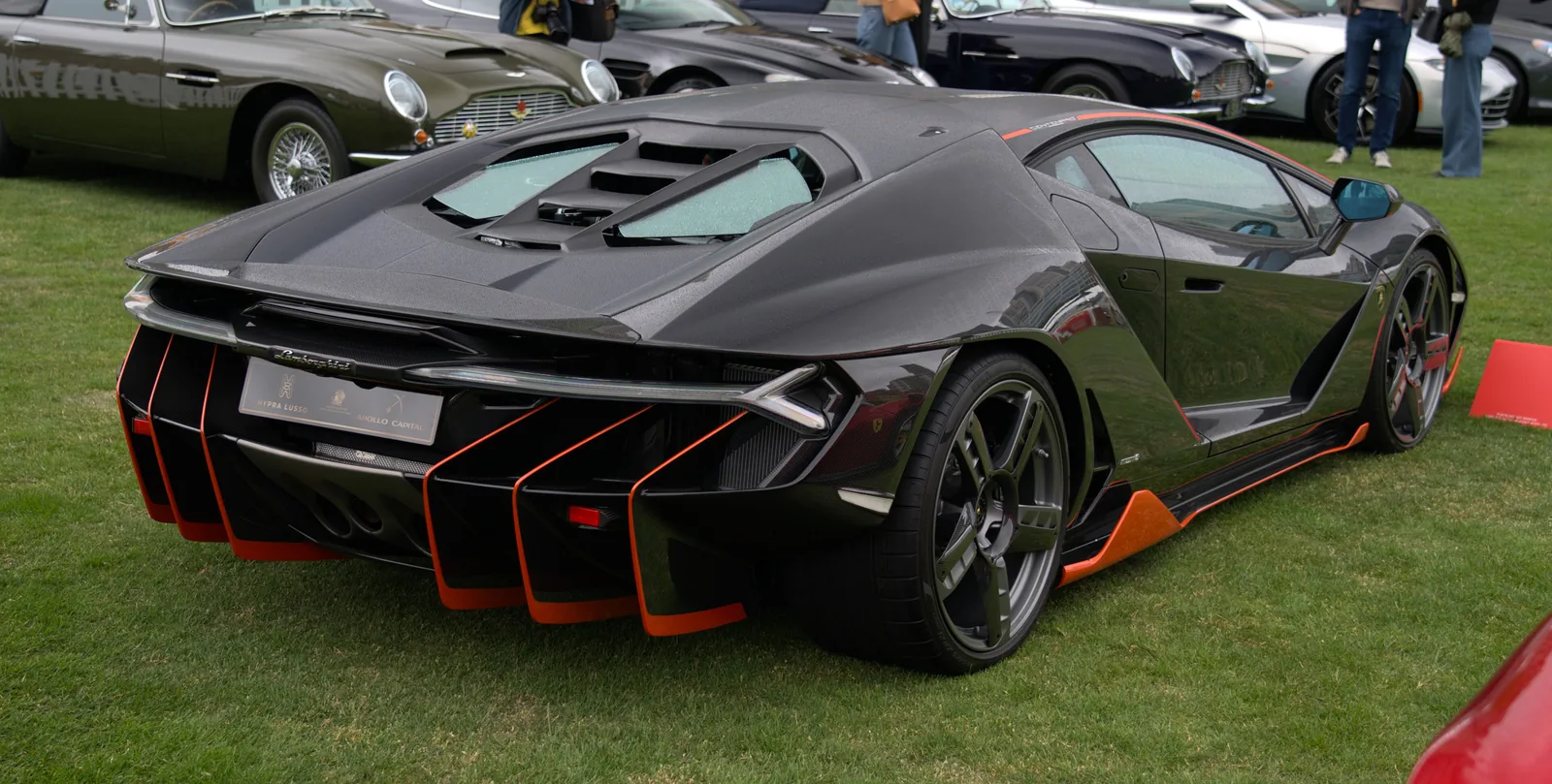 Lamborghini Centenario rear three-quarter with the largest rear diffuser ever fitted to a Lamborghini and hexagonal exhaust outlets