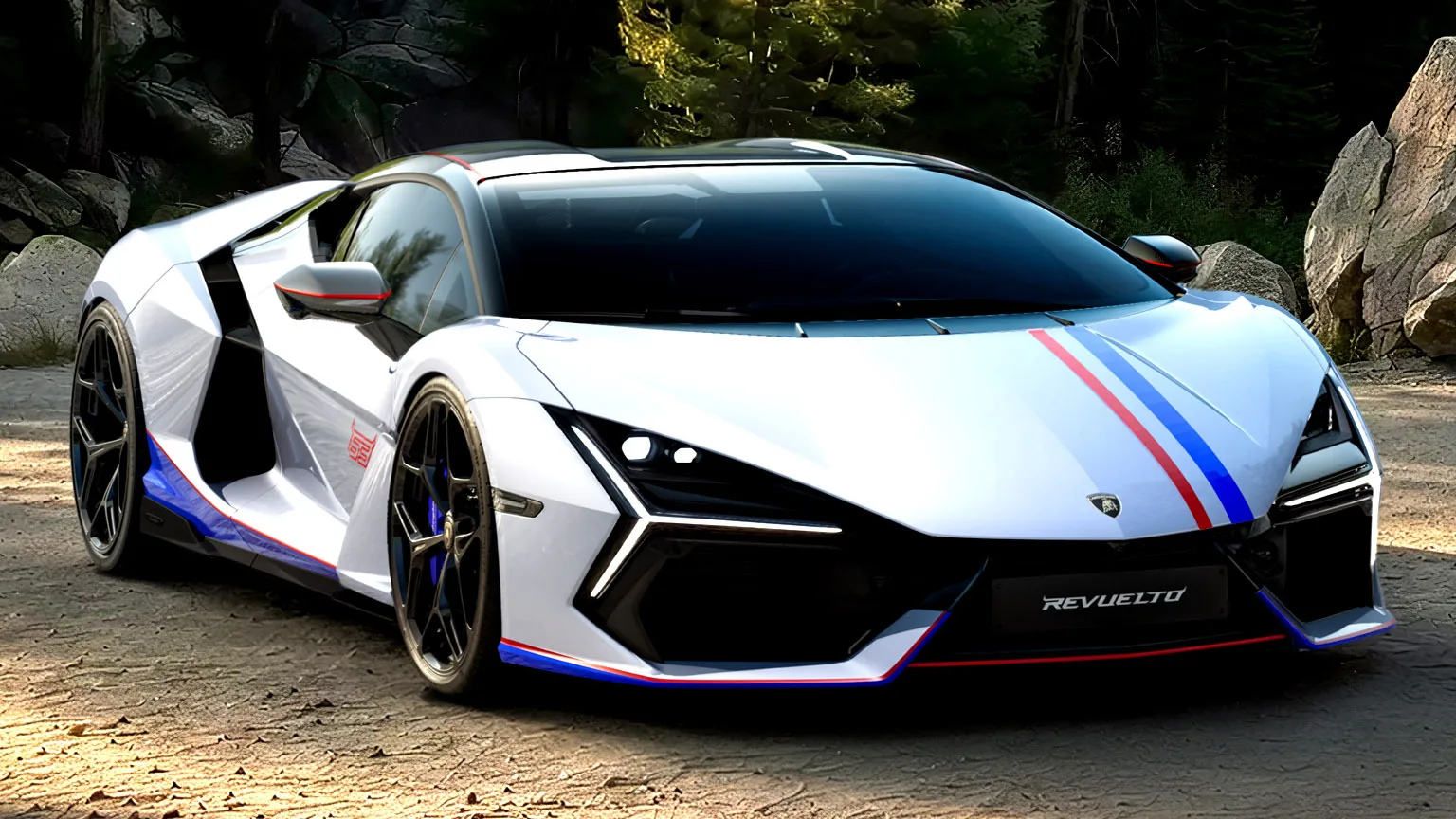 Lamborghini Revuelto NA63 in Blu Marinus dark blue paint with white and red bonnet stripe driving on a mountain road in the western United States — the 63-unit limited edition celebrating Lamborghini's 63rd anniversary