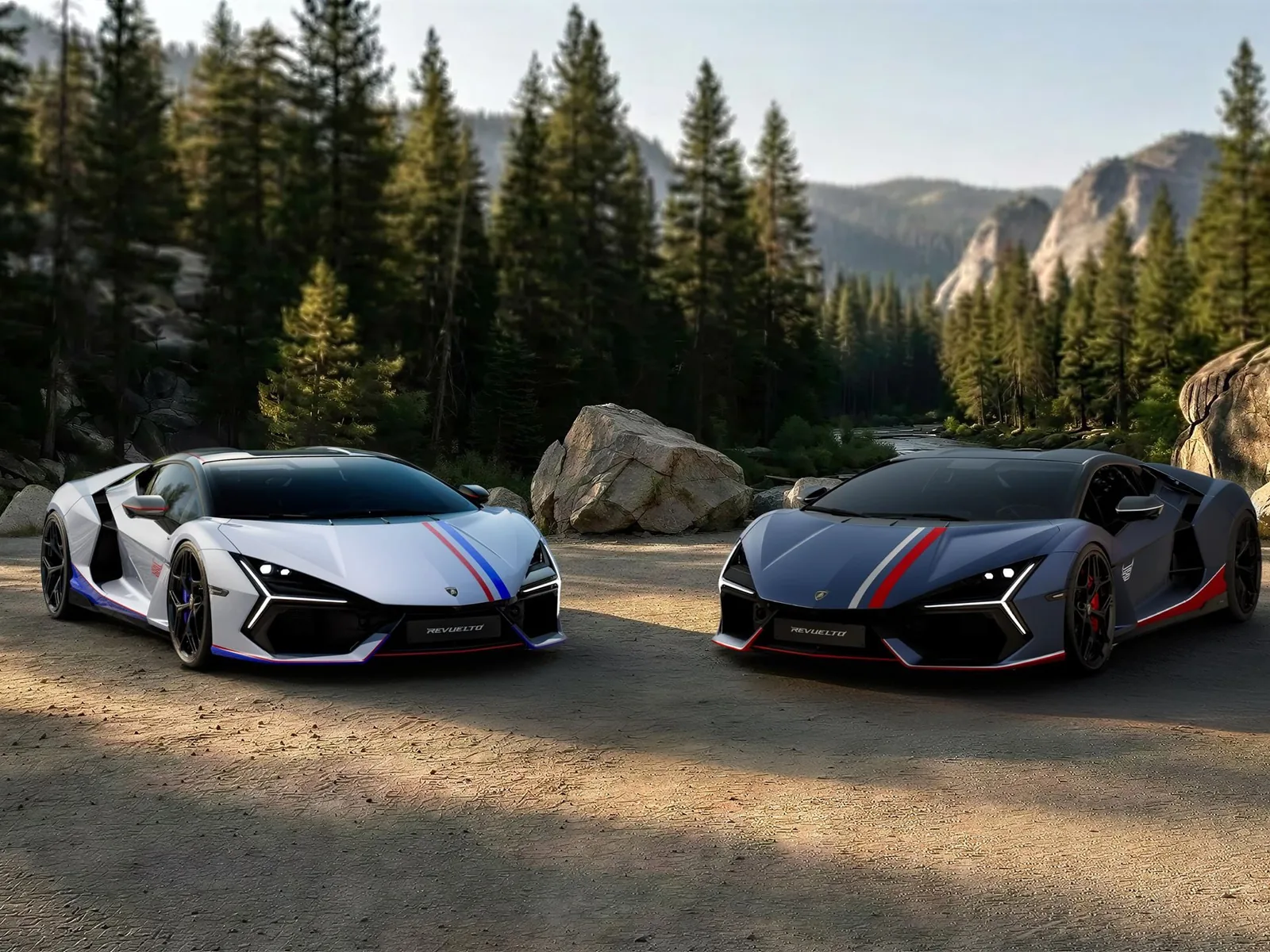 Lamborghini Revuelto NA63 pair shown side by side — the Bianco Sideralis white variant with United States flag-inspired red and blue stripes next to the Grigio Acheso gunmetal grey variant with Canadian flag-inspired red and white stripes