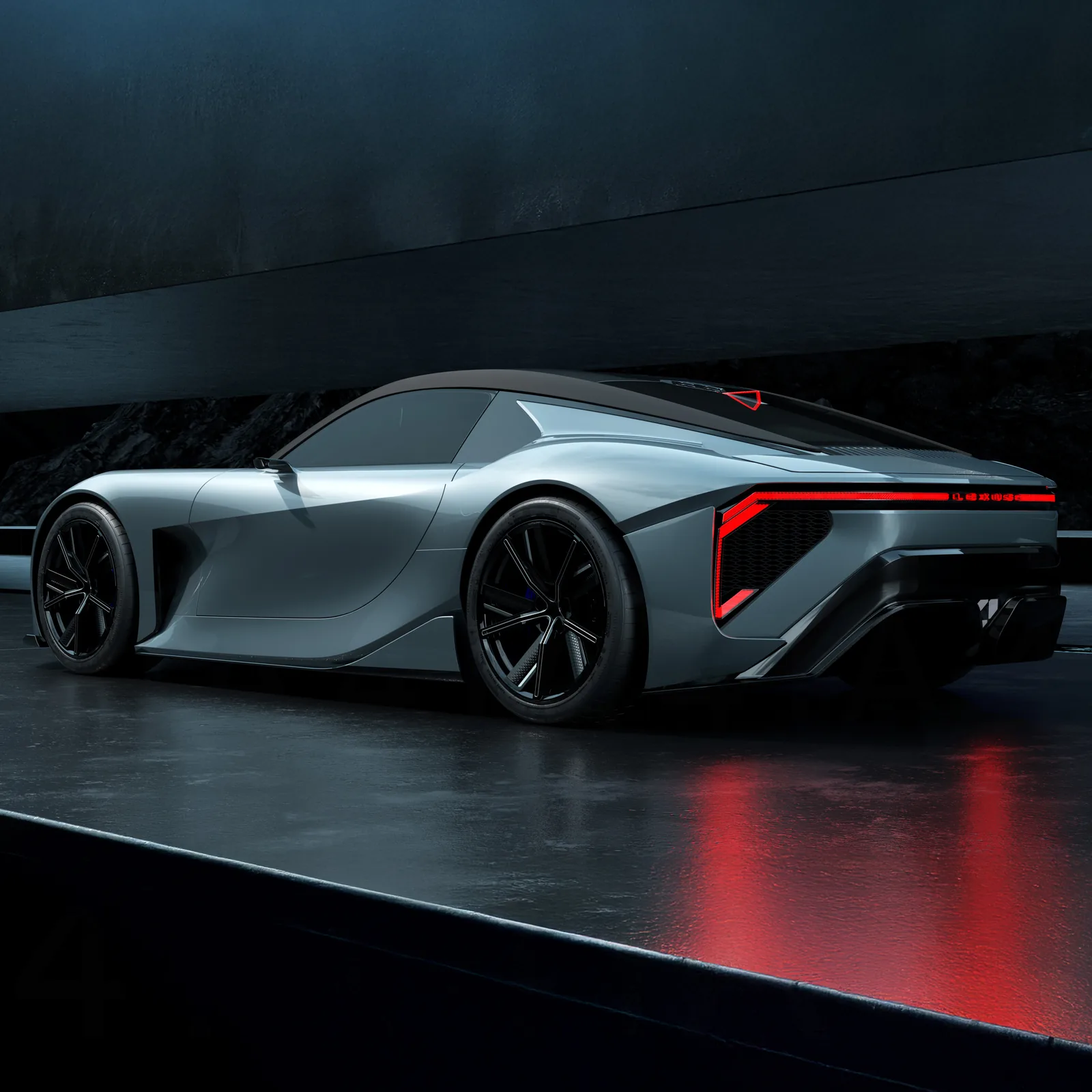 Lexus LFA Concept BEV supercar front three-quarter, low wide silhouette, all-aluminum aerodynamic body designed under Discover Immersion theme