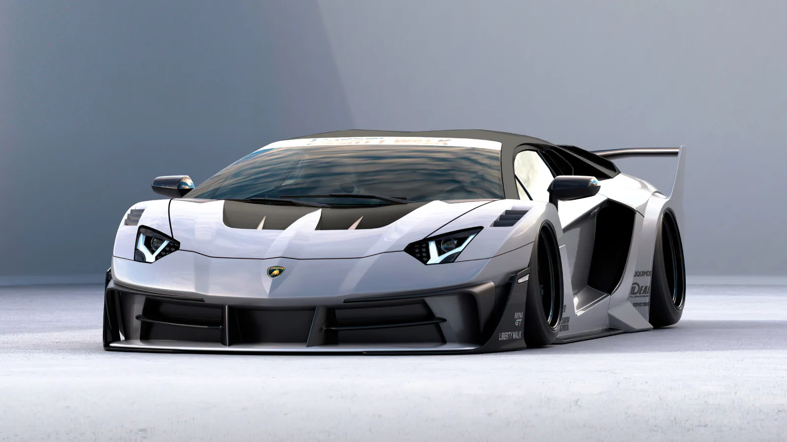 Liberty Walk LB-Silhouette Works Aventador GT Evo in silver with extreme widebody, exposed engine and motorsport aero