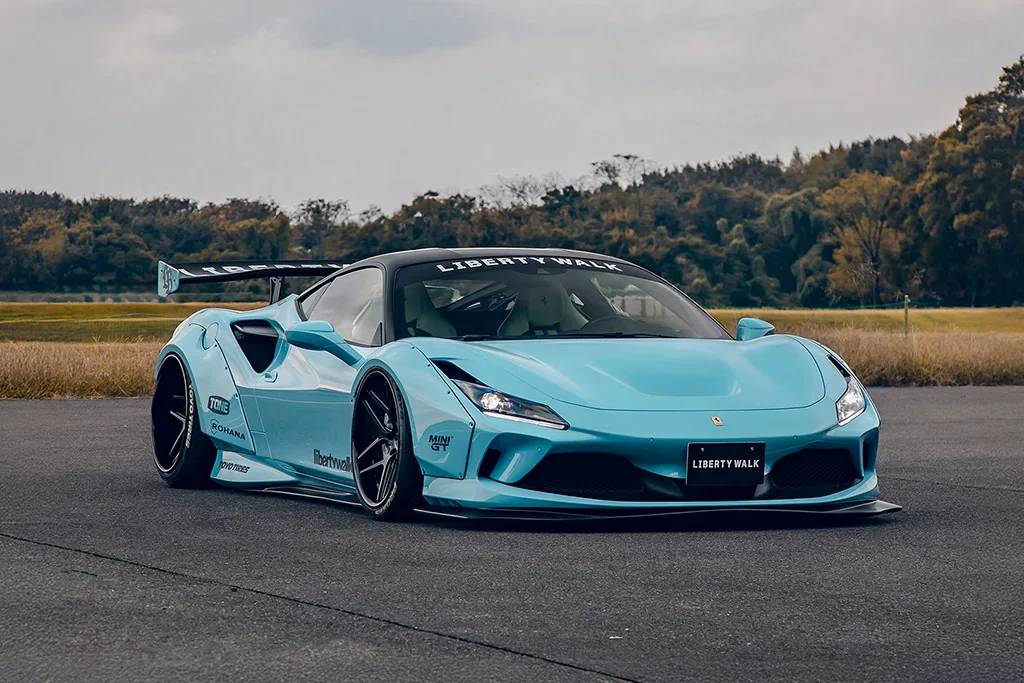 Liberty Walk LB-Works Ferrari F8 Tributo in turquoise with wide fenders and ducktail rear wing