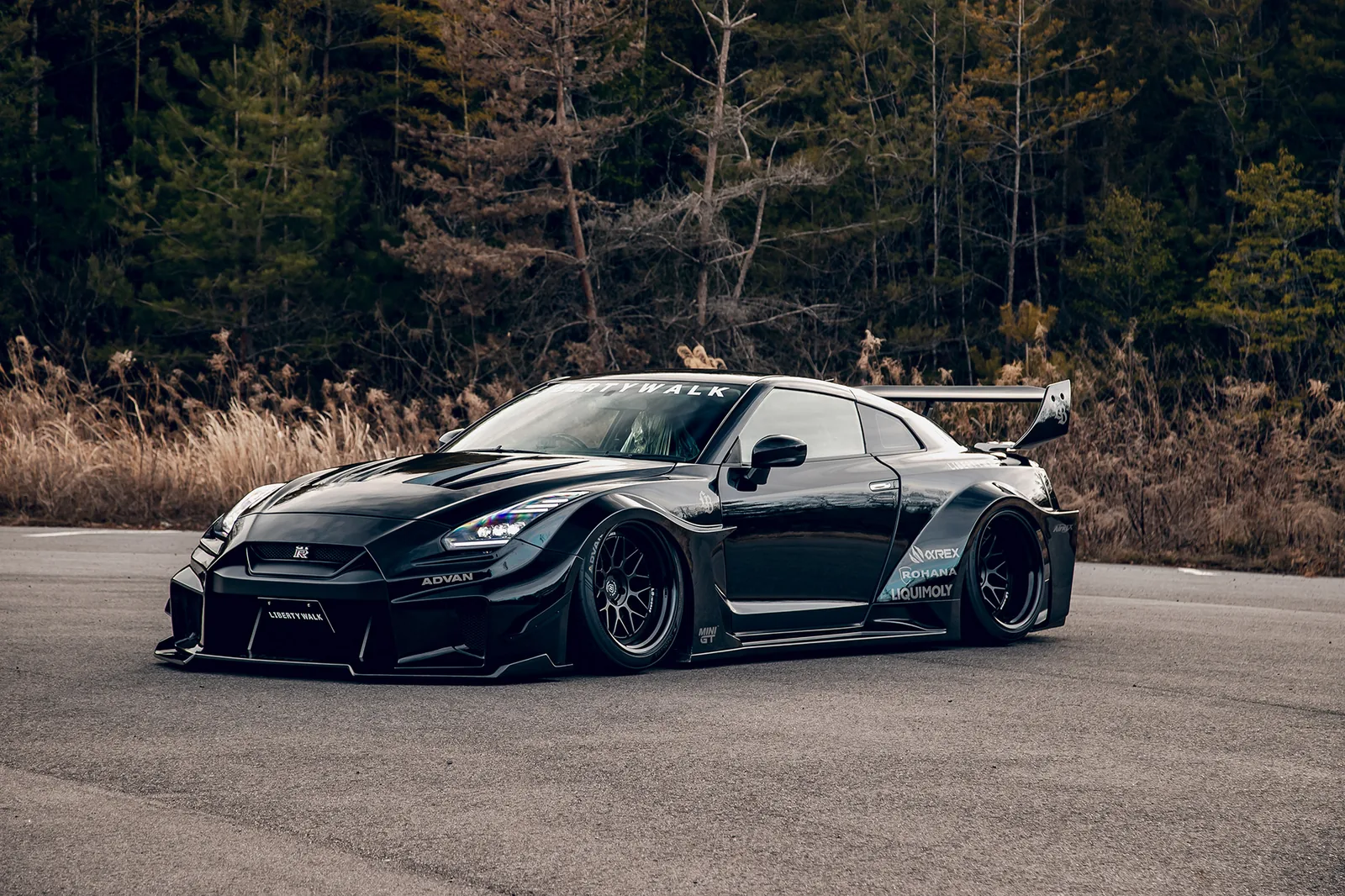 Liberty Walk LB-Silhouette Works GT 35GT-RR in black with full race-style widebody and large rear wing