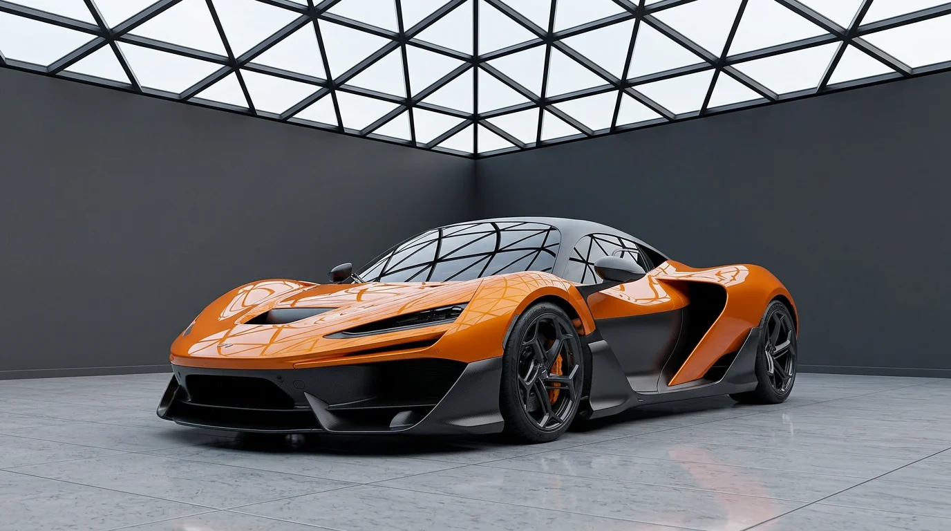 McLaren W1 papaya orange hybrid hypercar, front three-quarter in a concrete atrium with glass roof