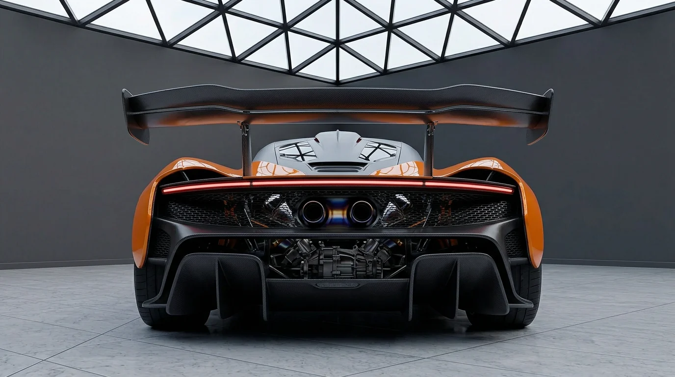 McLaren W1 papaya orange, rear view with active wing, central exhausts and exposed engine