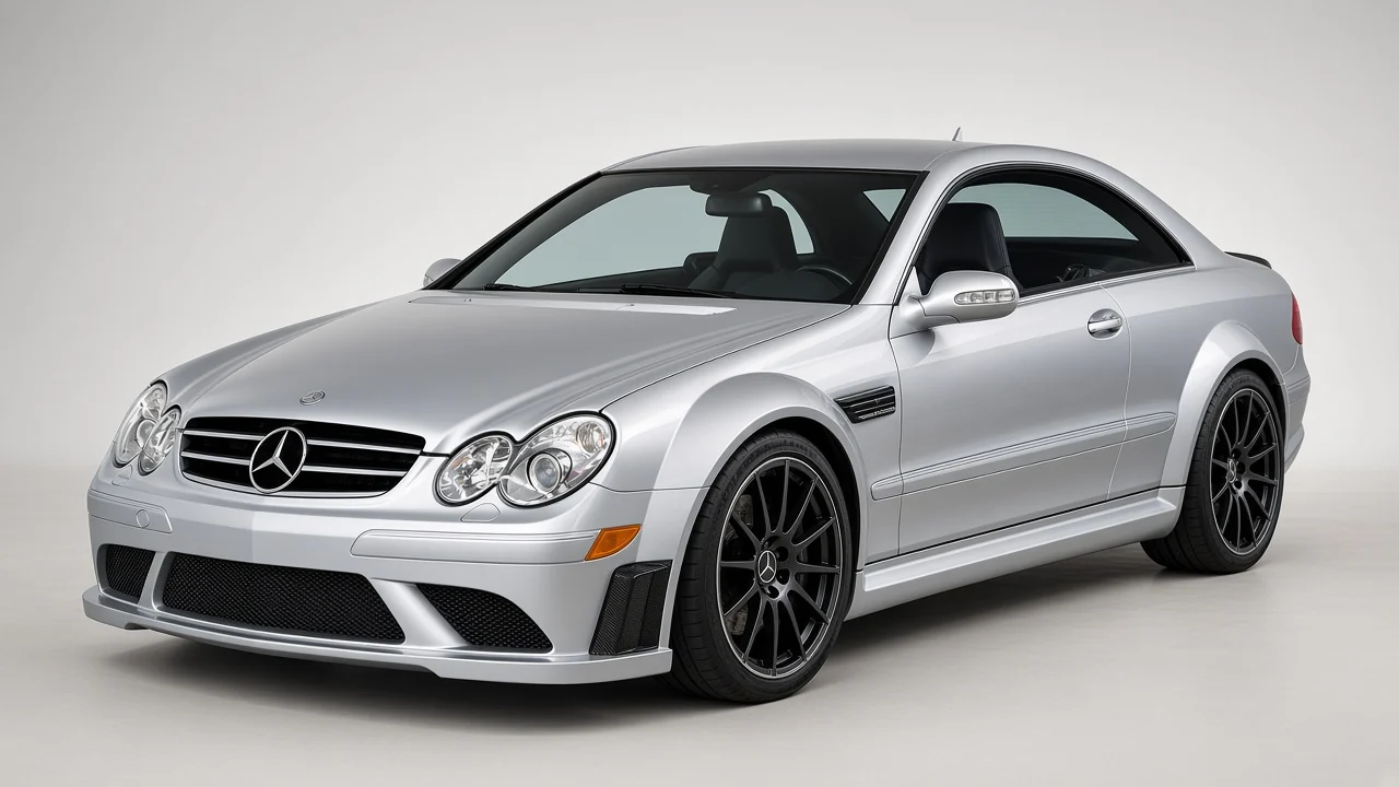 2007 Mercedes-Benz CLK 63 AMG Black Series in iridium silver, studio three-quarter catalog view