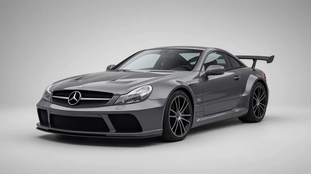2008 Mercedes-Benz SL 65 AMG Black Series in magnetite grey with carbon rear wing, studio three-quarter catalog view