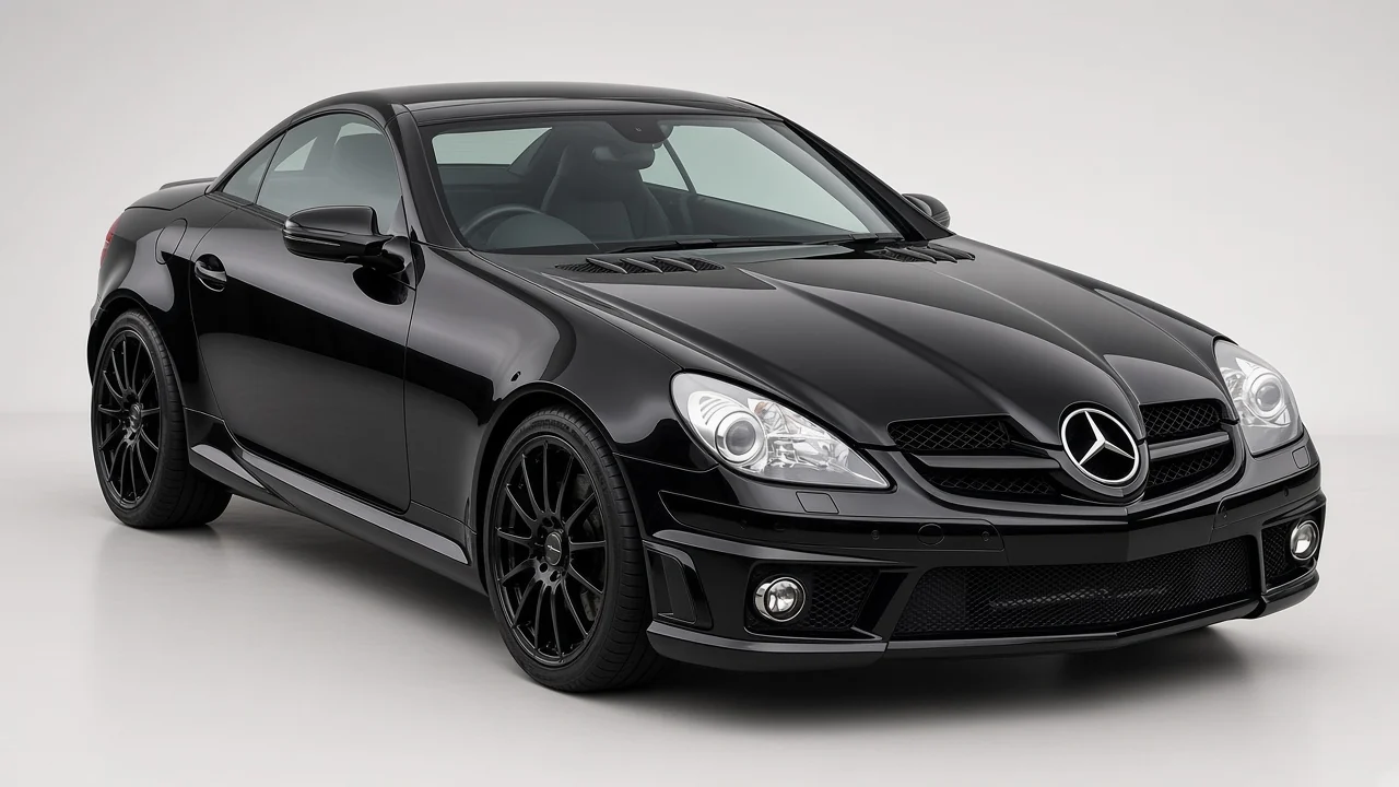 2006 Mercedes-Benz SLK 55 AMG Black Series in obsidian black, studio three-quarter catalog view