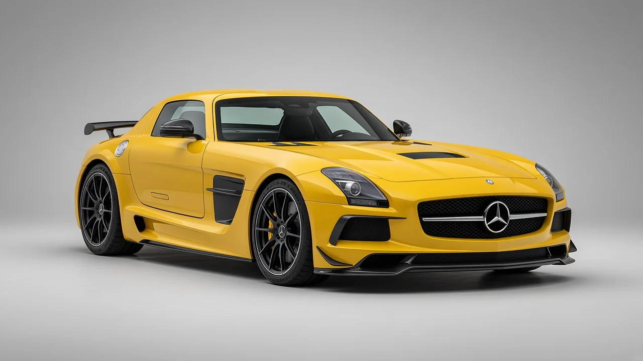 2013 Mercedes-Benz SLS AMG Black Series in Solarbeam yellow, studio three-quarter catalog view