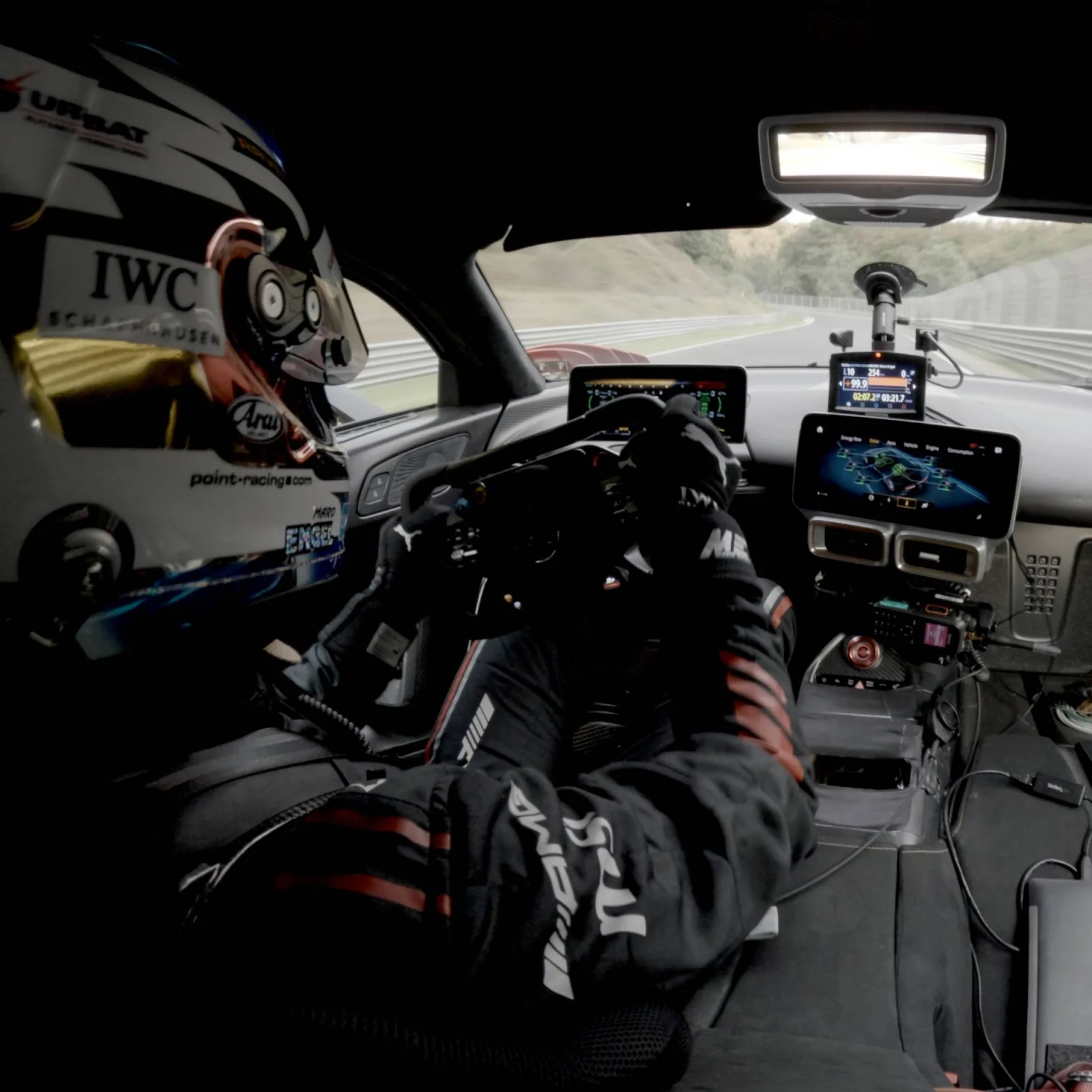 Onboard view of Maro Engel at the Formula 1-style steering wheel of the Mercedes-AMG ONE during the Nürburgring record lap