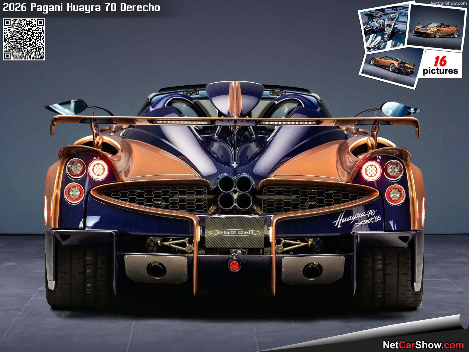Pagani Huayra 70 Derecho rear three-quarter — quad centre-exit titanium exhausts, prominent rear wing and Inky Blue lower bodywork revealing fish-bone carbon fibre weave