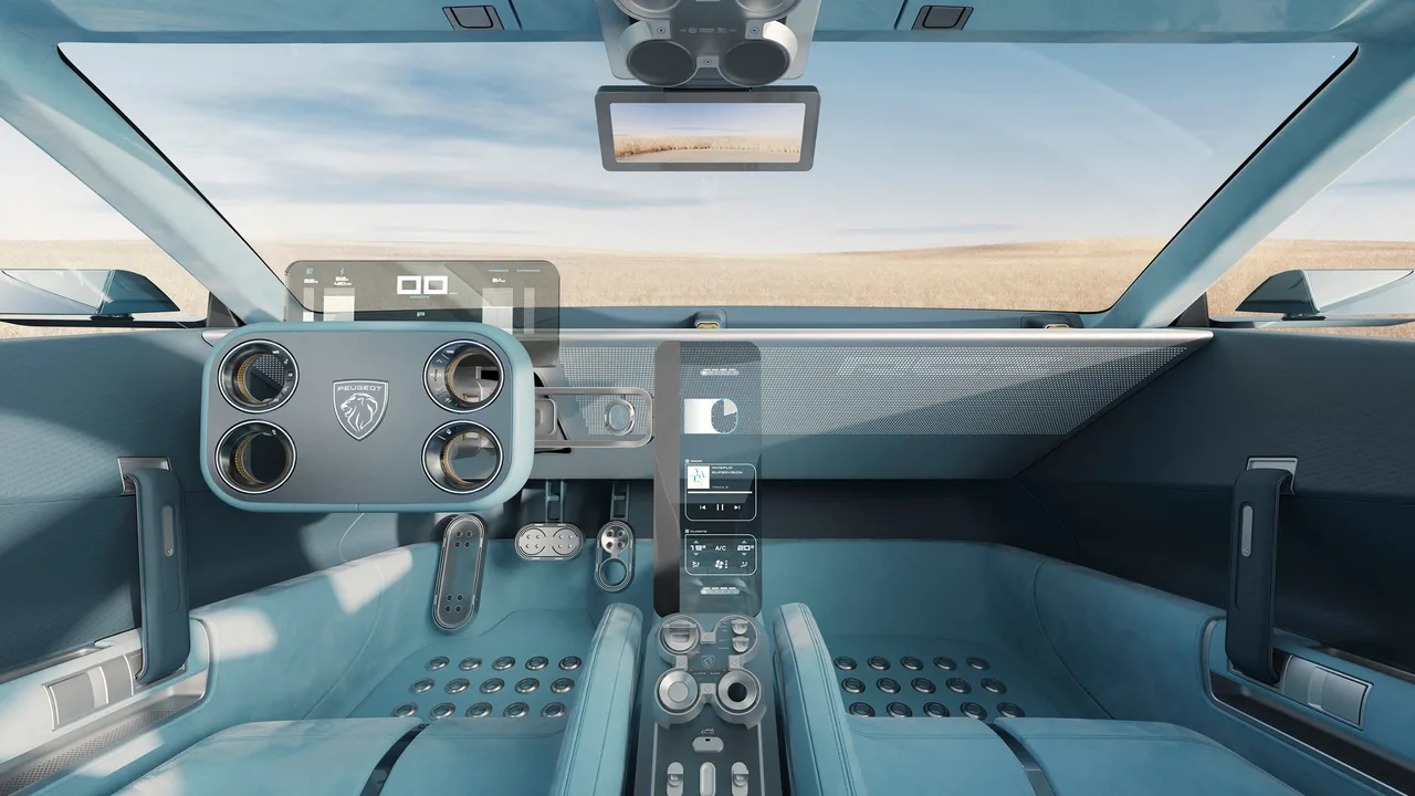 Light-blue interior of the Peugeot RCZ Vision with Hypersquare steering control, transparent displays and asymmetric seats