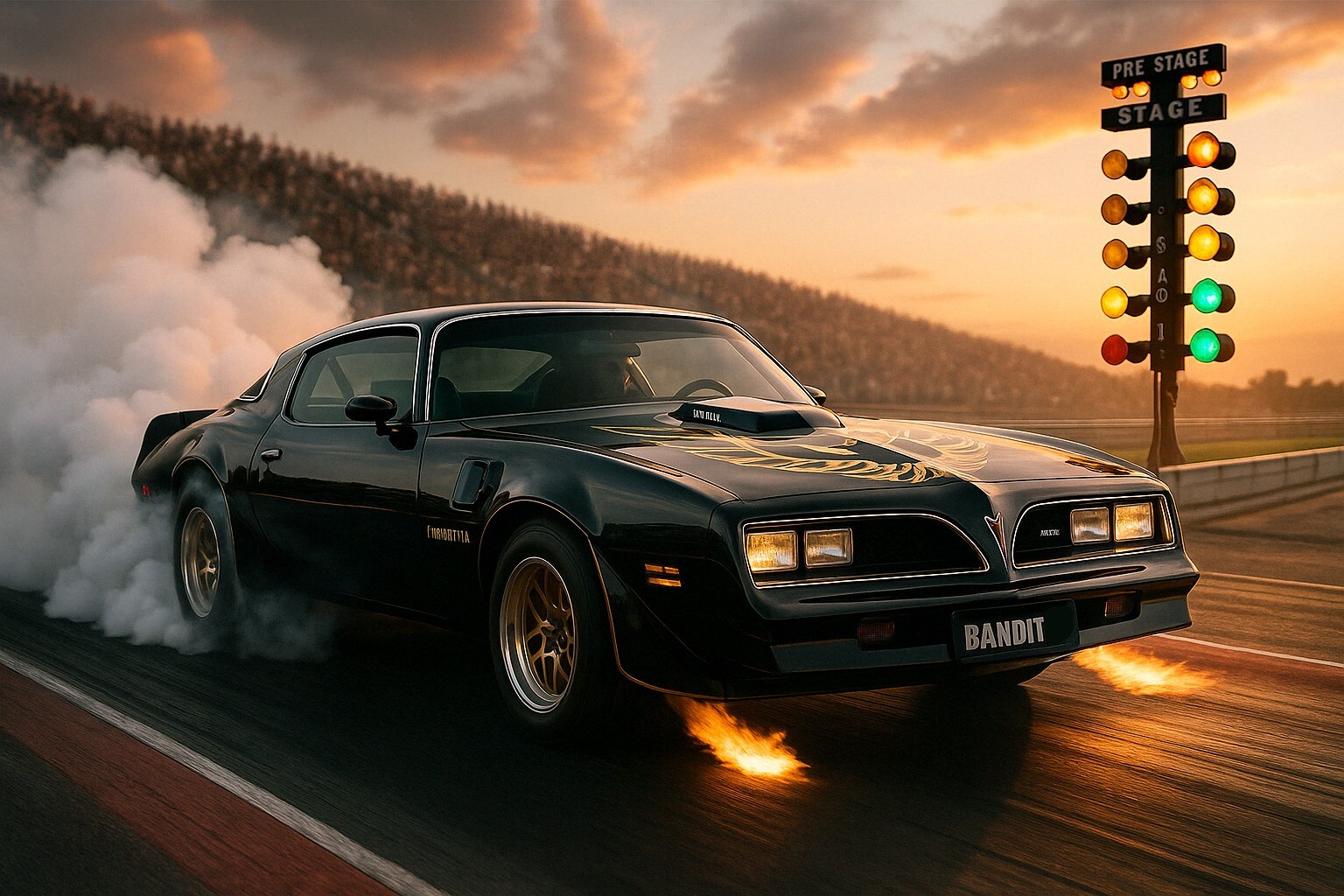 Black and gold Pontiac Trans Am Bandit performing a burnout at the drag strip