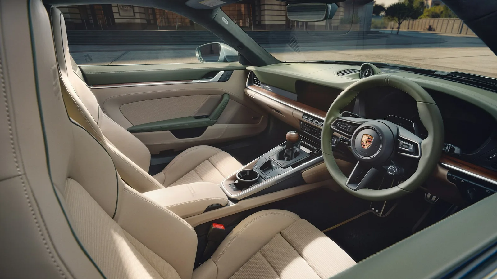 Porsche 911 GT3 Earls Court 51 Edition interior with Night Green and Chalk Beige leather, corduroy inserts, Paldao wood and a wooden gear knob