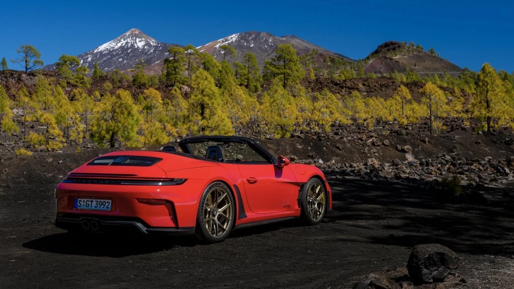 Porsche 911 GT3 S/C rear three-quarter view with volcanic landscape of Tenerife