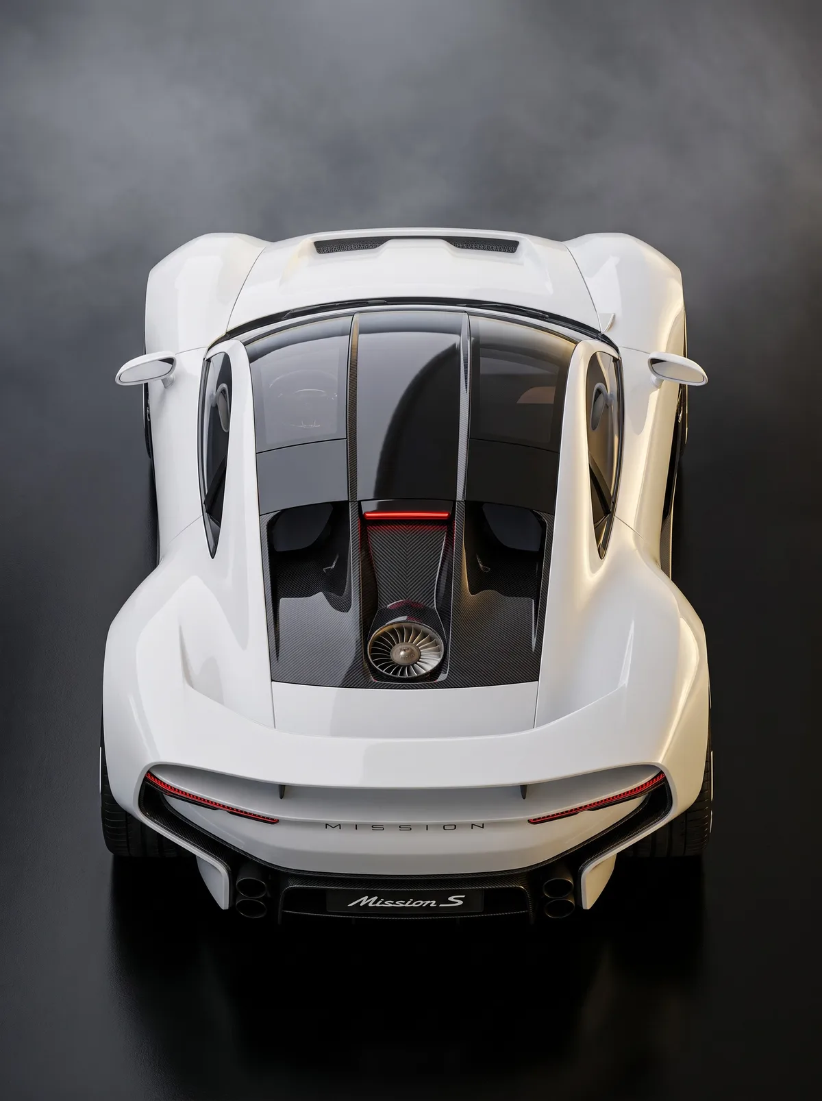 Batman Garage render of the Porsche Mission S seen from above, with glass roof panels, engine-cover fan and quad exhausts, based on the leaked image