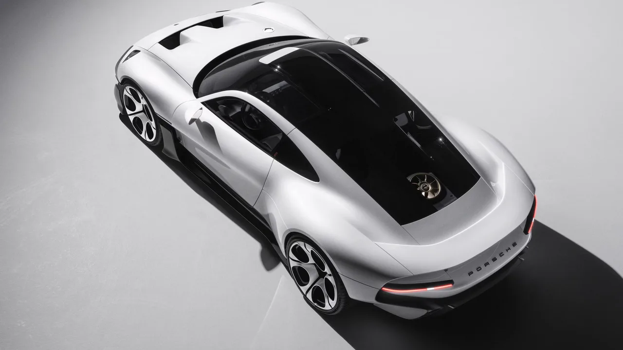 Porsche Mission S concept from above and behind, showing the dark roof, engine-cover fan and full-width tail light