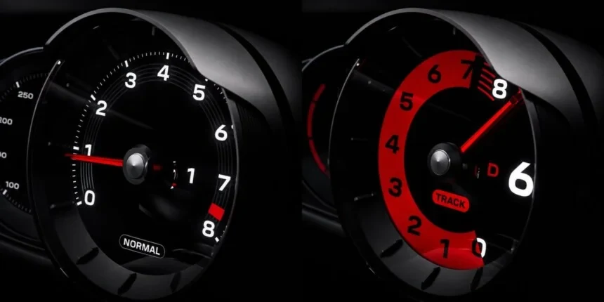 Porsche Mission S teaser: round tachometer reading to 8,000 rpm in Normal mode and in red Track mode with sixth gear displayed