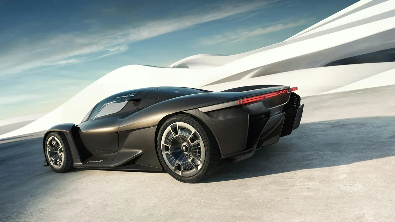 Porsche Mission X concept rear three-quarter view with light bar and carbon diffuser