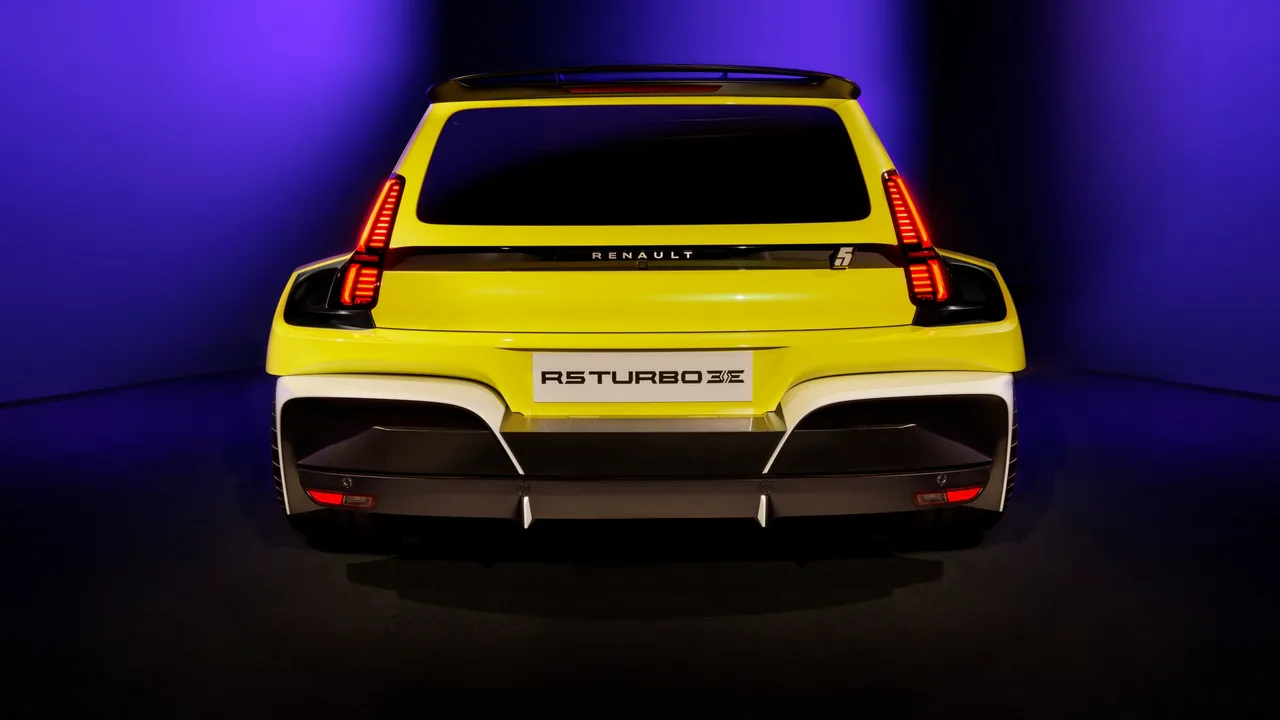 Rear of the Renault 5 Turbo 3E with vertical tail lights, roof spoiler and wide diffuser