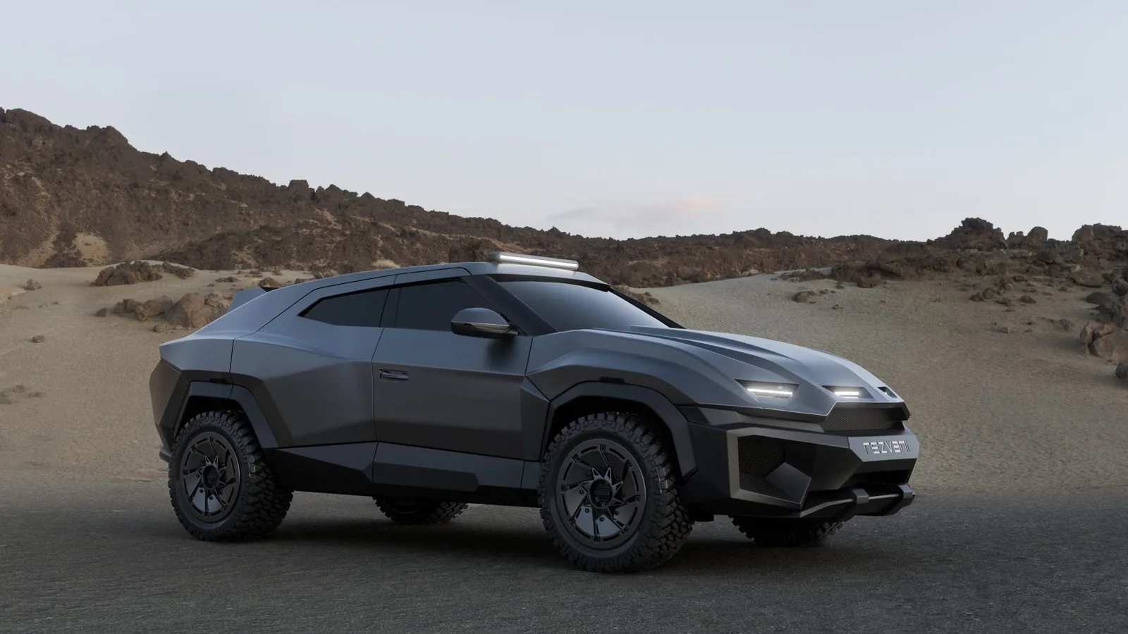 Rezvani Knight side view with full armored package and 22-inch wheels on 33-inch off-road tires