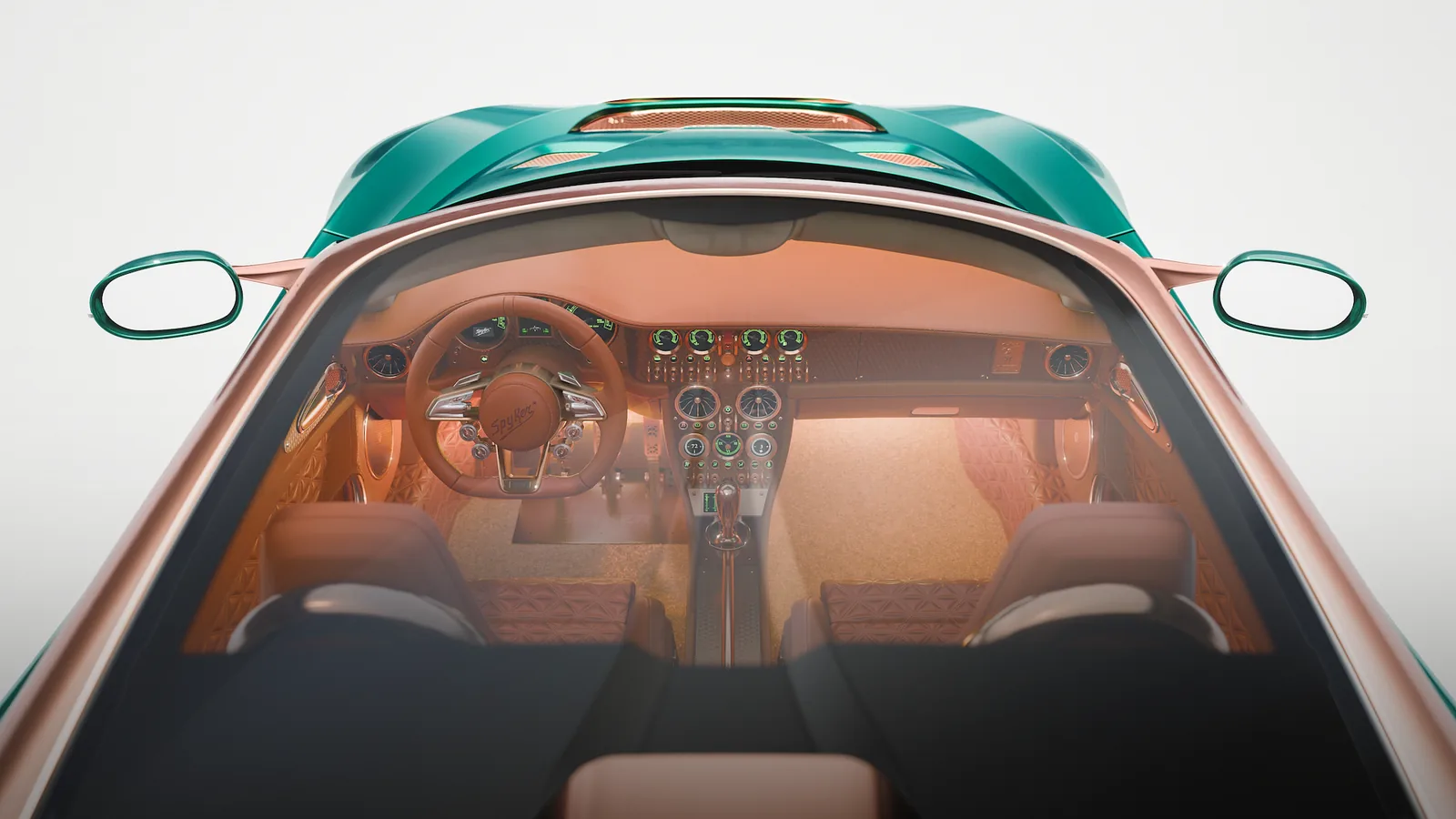 Spyker C8 Preliator XXV cockpit viewed through the rear glass with roof scoop vent visible