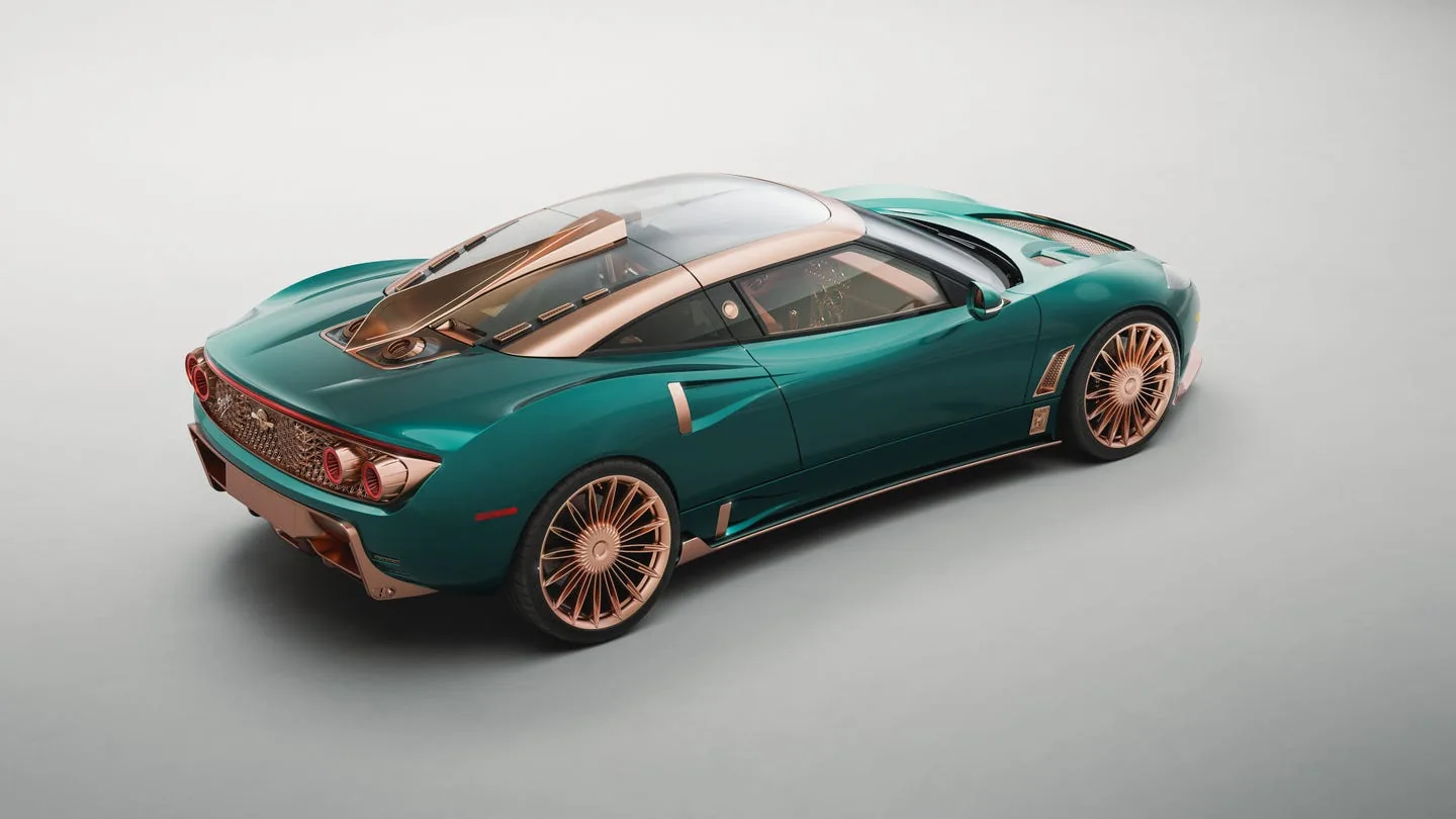 Spyker C8 Preliator XXV overhead three-quarter rear view showing ovoid taillights and roof scoop tail fin