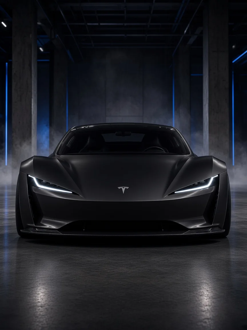 Matte black Tesla Roadster 2026 Batmancar studio concept, low front hero
