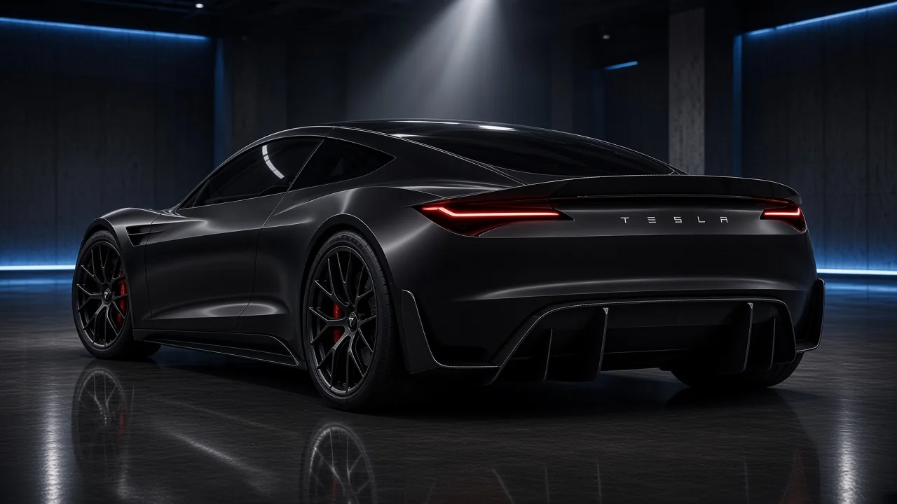 Matte black Tesla Roadster 2026 Batmancar studio concept, rear three-quarter