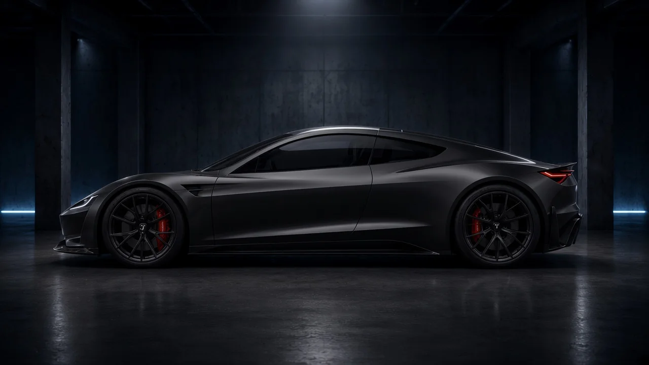 Matte black Tesla Roadster 2026 Batmancar studio concept, side profile