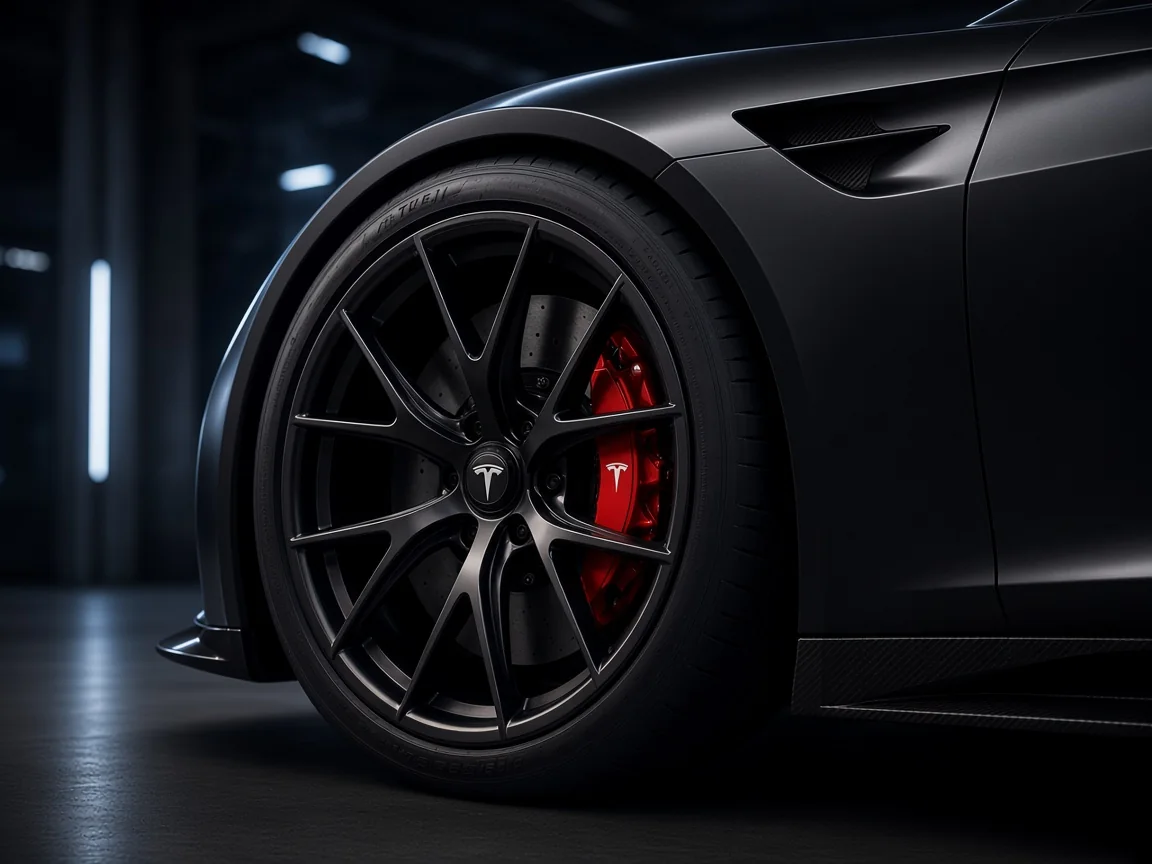 Tesla Roadster 2026 Batmancar wheel detail with red caliper, studio concept