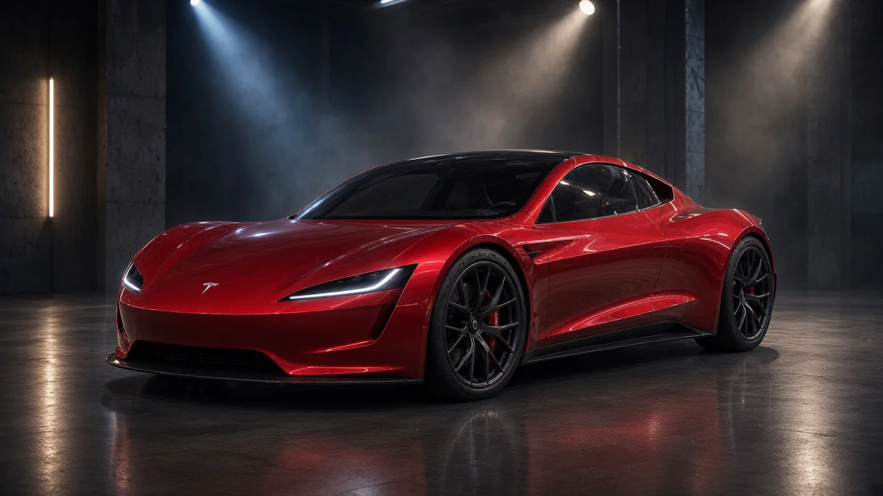 Cherry-red Tesla Roadster 2026 concept, front three-quarter view in Batman Garage studio lighting