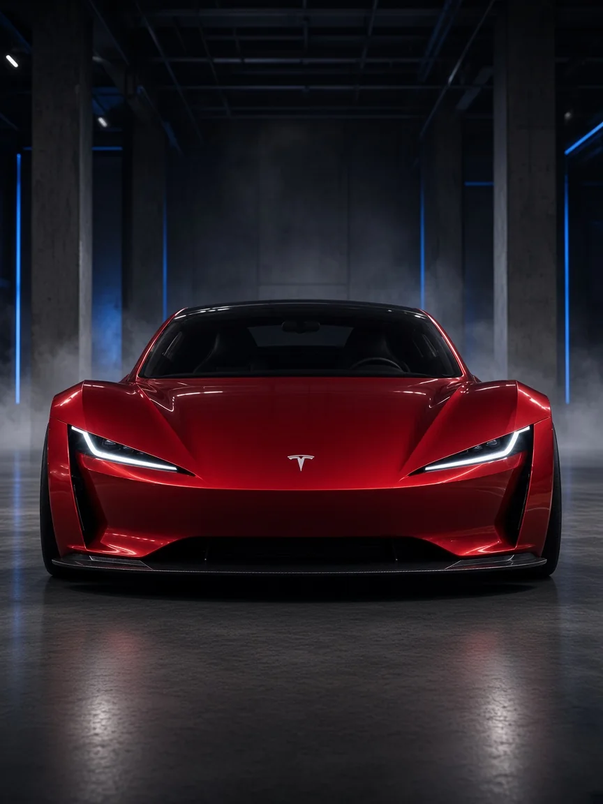 Red Tesla Roadster 2026 studio concept, low-angle front hero