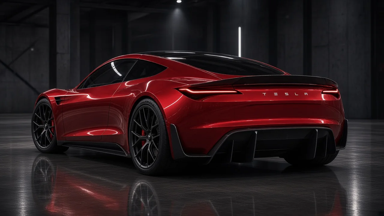 Tesla Roadster 2026 rear three-quarter view in dark studio garage